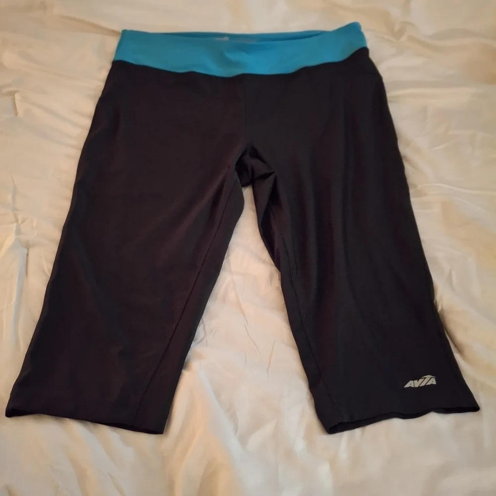 Avia Women's Black Cropped Leggings with Blue Wide Waistband